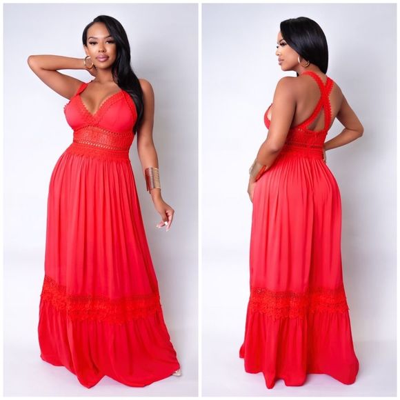 Dresses & Skirts - Red Maxi Dress With Crochet Detail